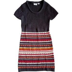 CATO GIRLS Sweater Dress Short Sleeve Black Red Yellow Stripes Sz M(10/12) Kids